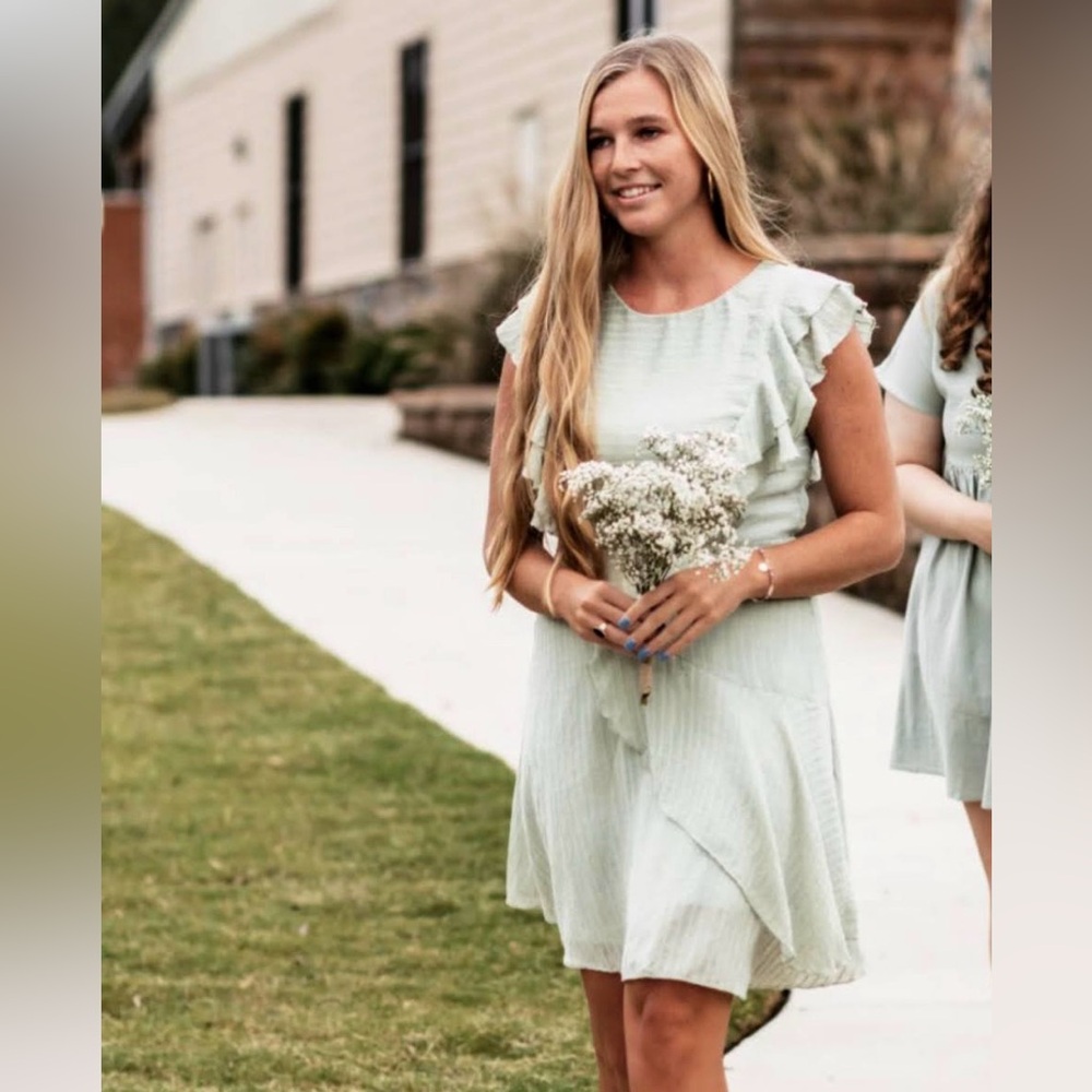 Simplee Sage Green Textured Sundress with Ruffle Sleeves